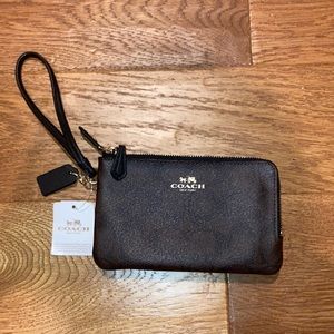 Coach brown double zipper wristlet
